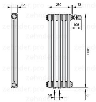 Схема (чертеж) Радиатор Zehnder Charleston 2200/5 №V008 Белый глянцевый RAL 9016